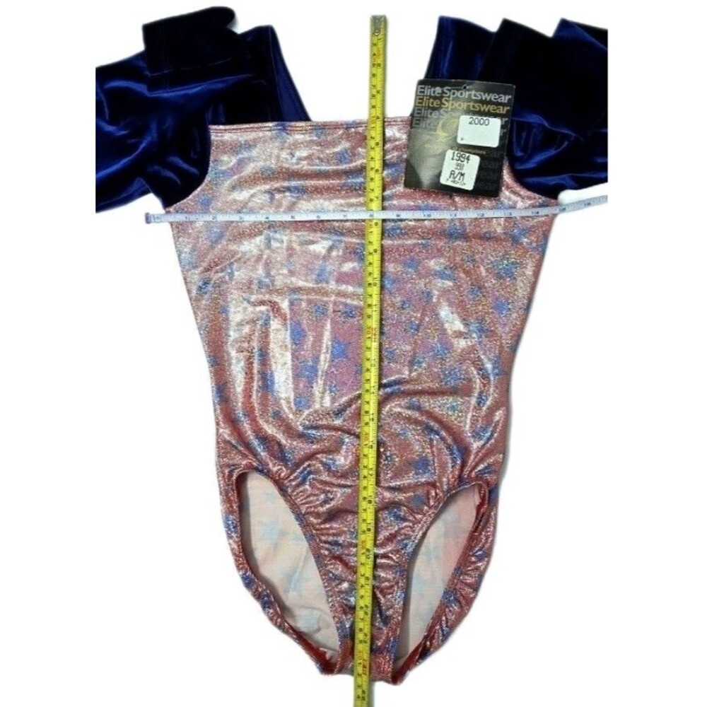 GK Elite VTG Shimmering Patriotic Holographic LS Velvet Leotard Red Blue Size AM - Picture 15 of 16